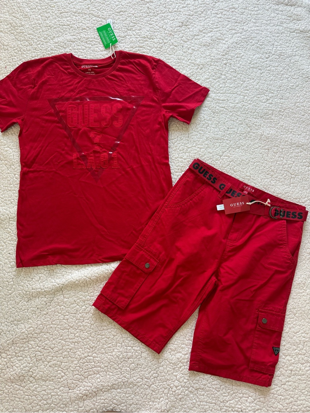 New boys GUESS Sz 16 Bright Red Embroidered shirt, shorts belt